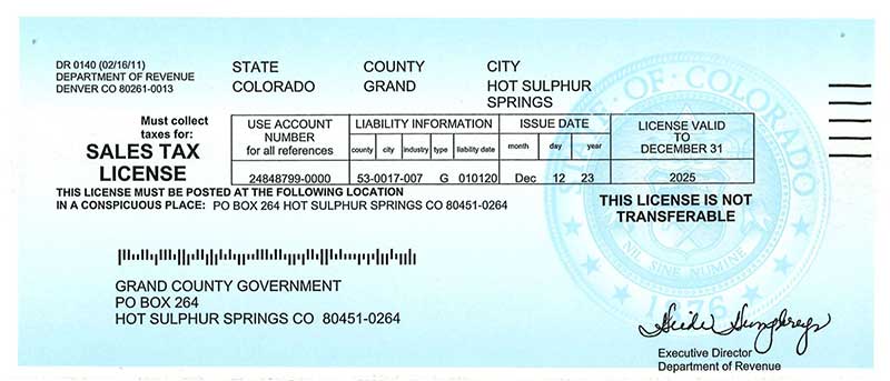 Sales Tax License - Colorado Grand County